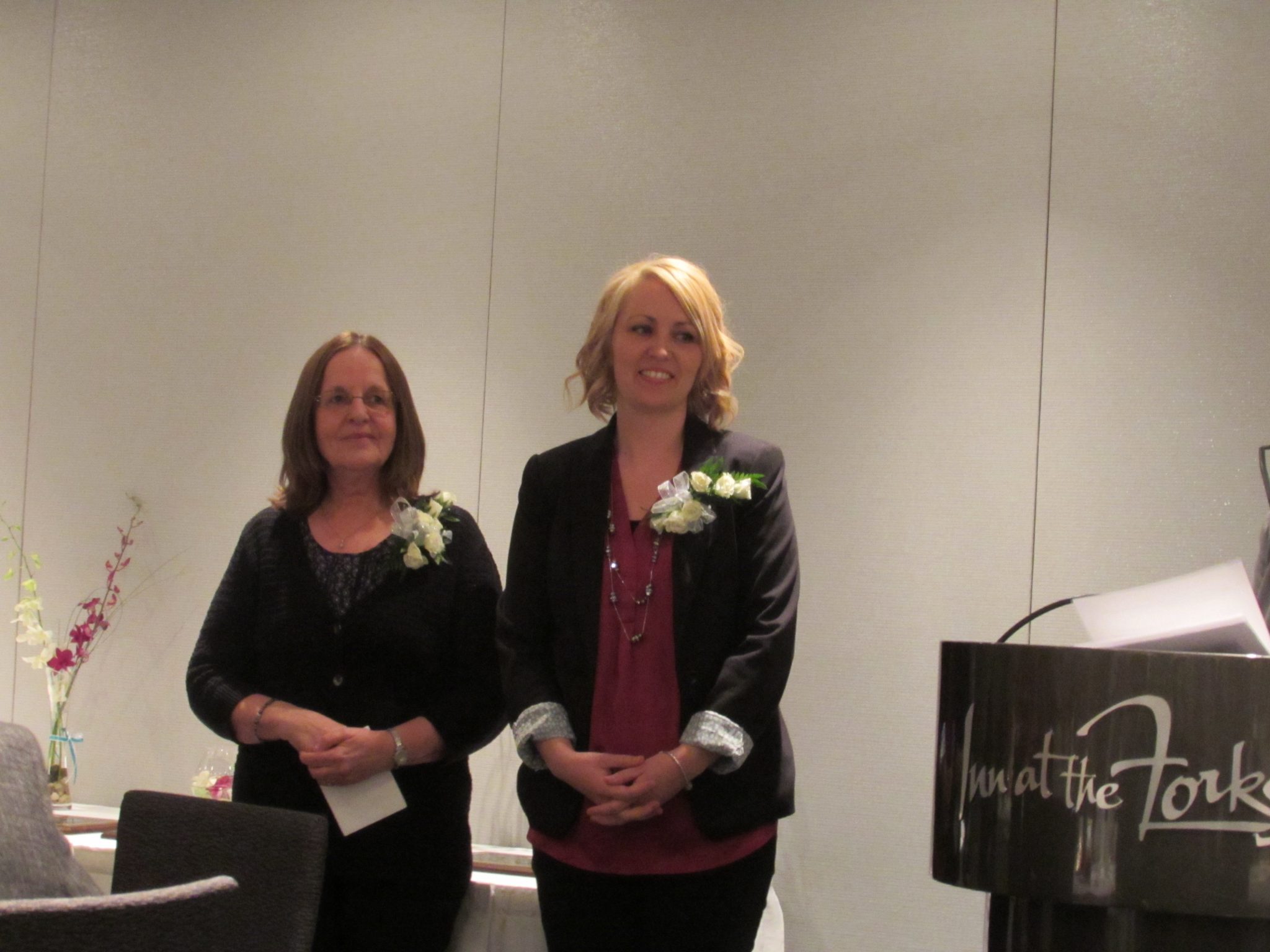 Jacqueline Pentney (R) and Betty Wedgewood (L) receiving the joint Award for Excellence in Psychiatric Nursing Practice---Education. (Photo sent in by Serena Yaworski)